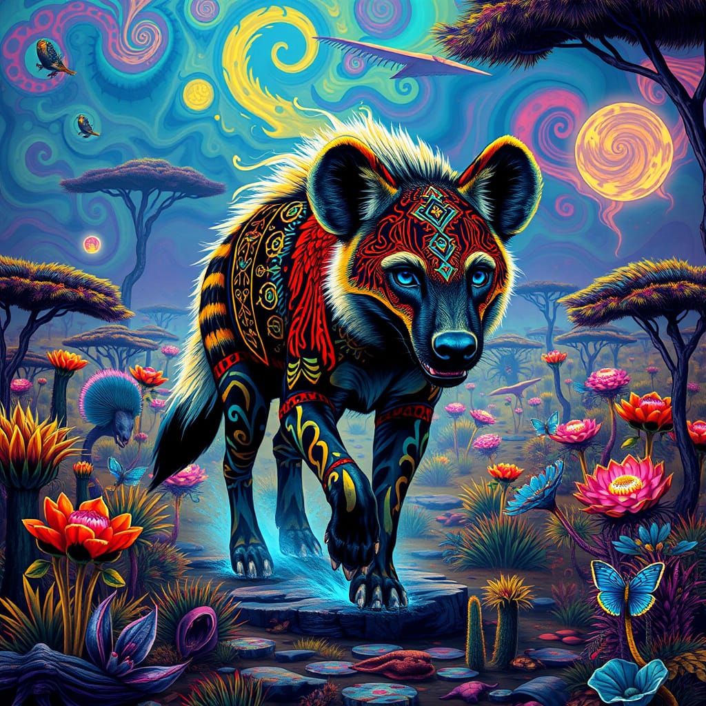 Bioluminescent Hyena in Psychedelic Savannah