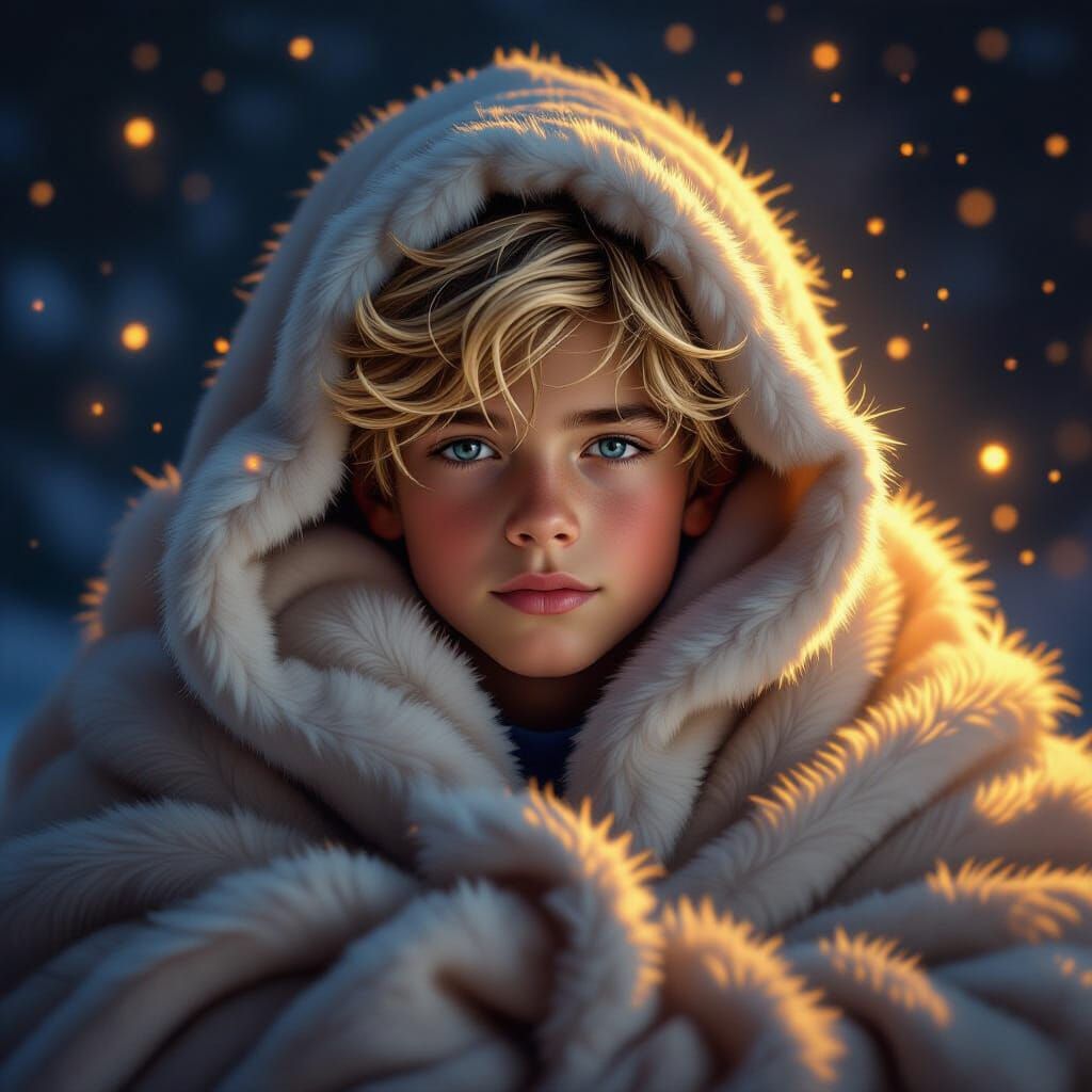 Detailed Portrait of Boy in Fur Blanket