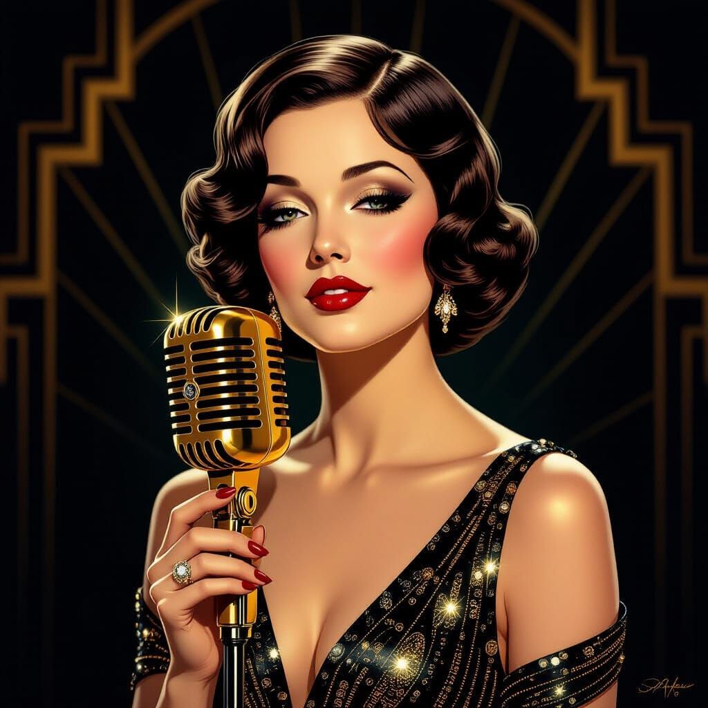 Art Deco Jazz Singer with Golden Microphone