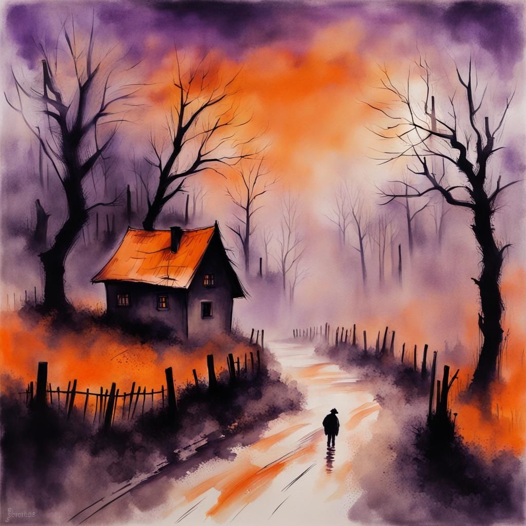 Eerie Country Village Ink Painting with Fog