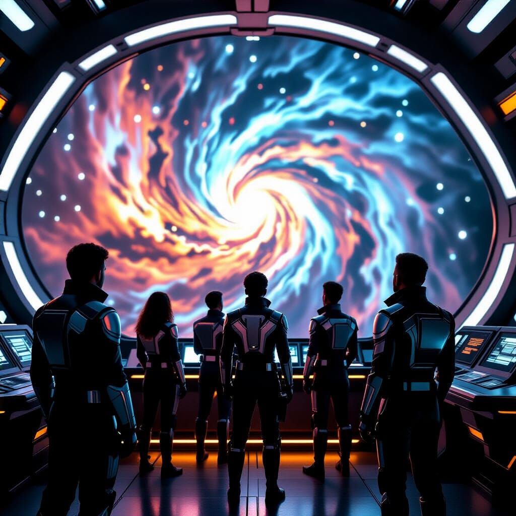 Explorers on Starship Bridge Gazing at Nebula