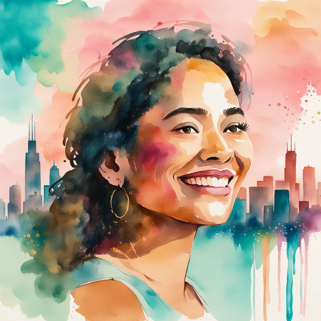 Chicago Skyline and Latina Portrait in Watercolor