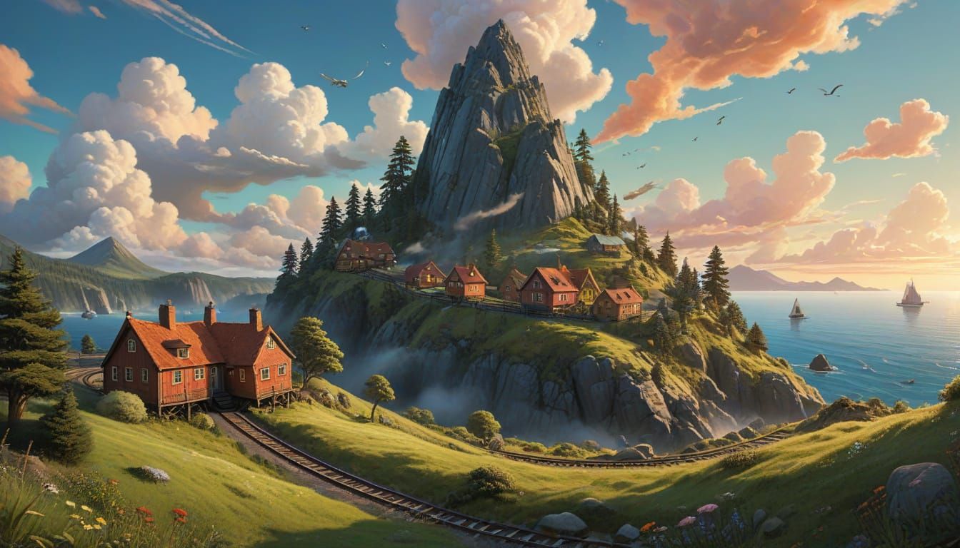 Lummerland Island Digital Painting with Storybook Aesthetic