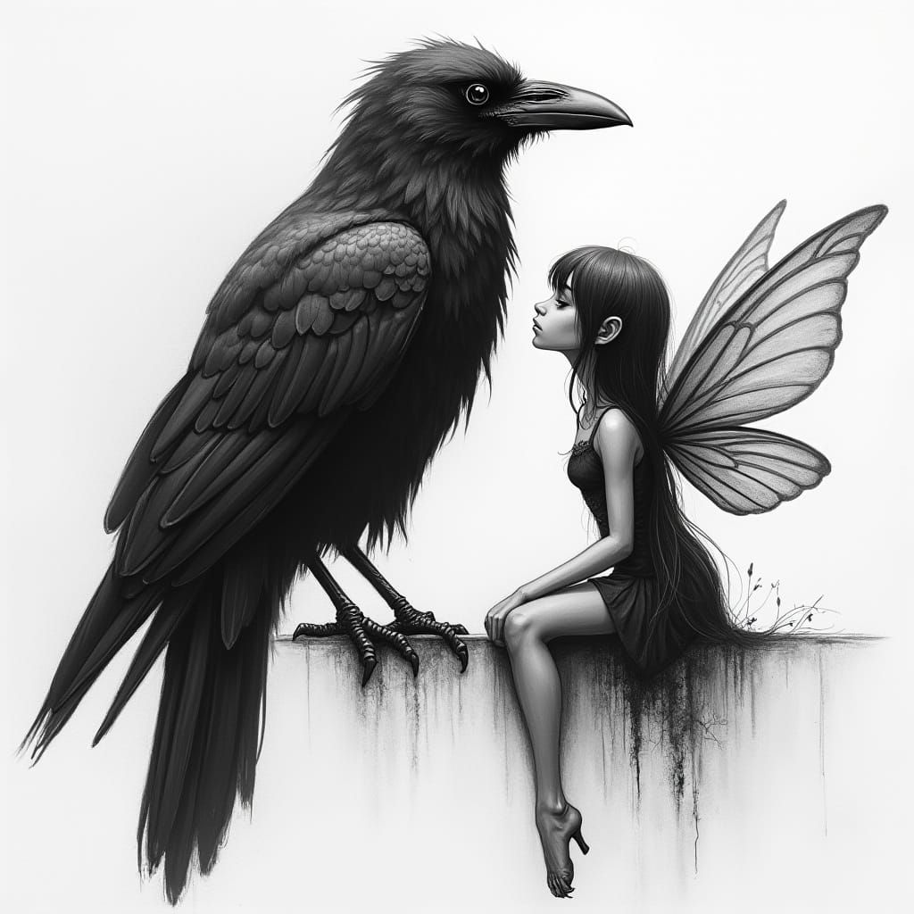 A Raven perched next to a dark Gothic Fairy