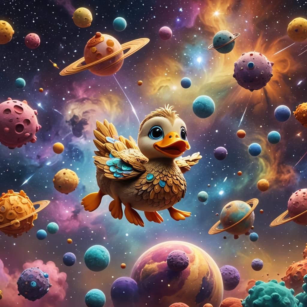 Alebrijes Duckling Drifting in Space: 3D Digital Art