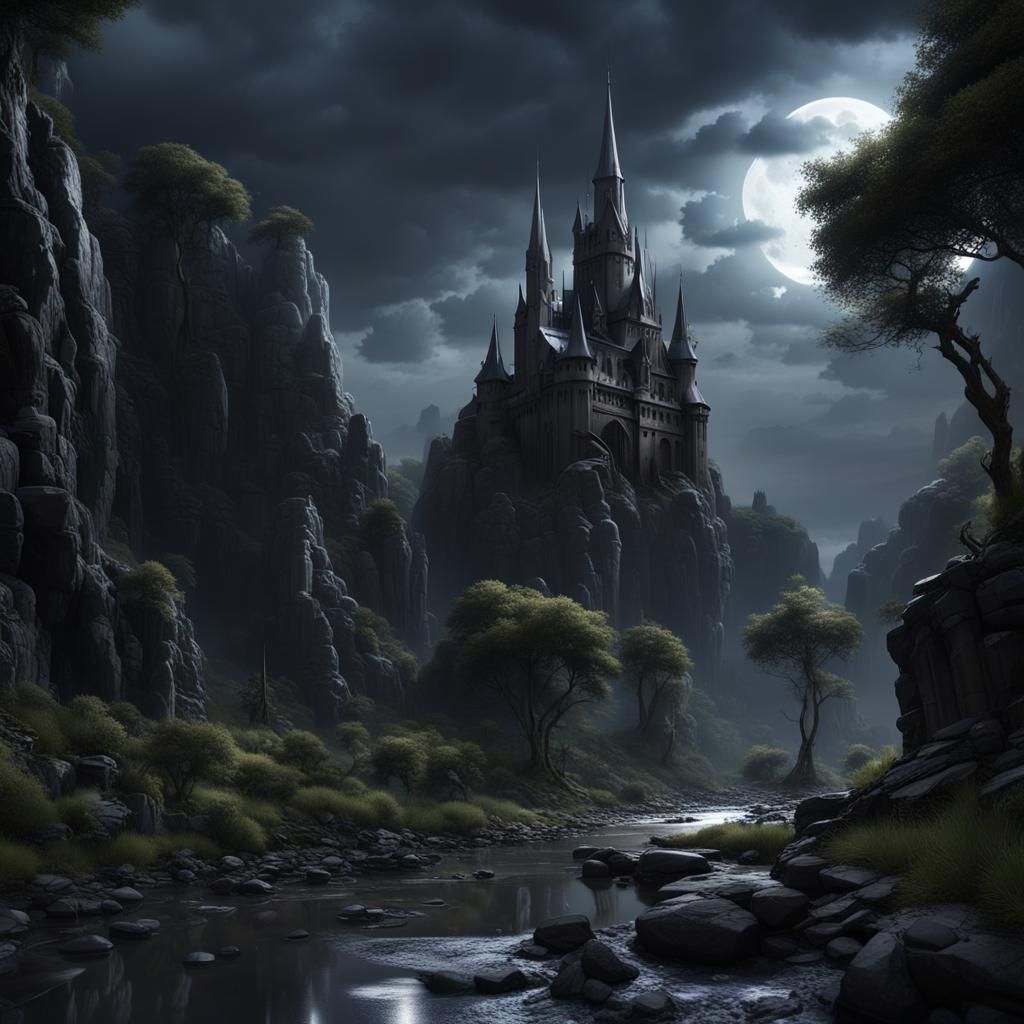 Onyx Fortress Overlooking Ravine: Fantasy Concept Art