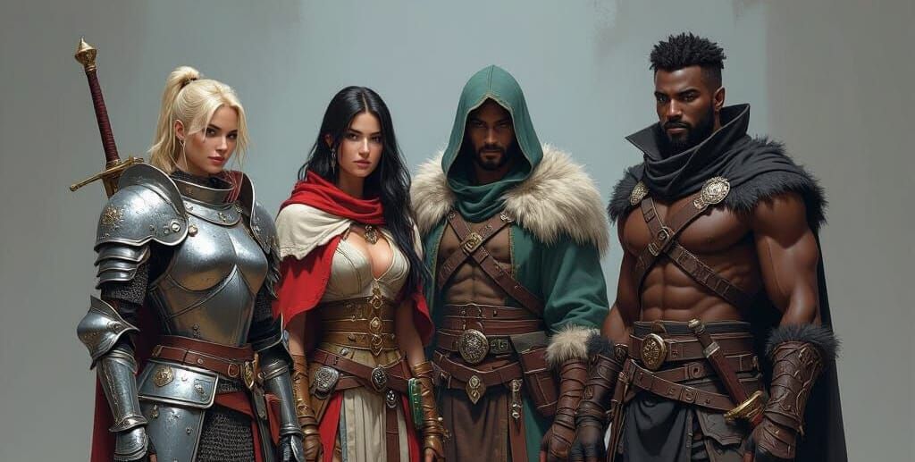 Adventurers Party: Knight, Wizard, Barbarian, Rogue