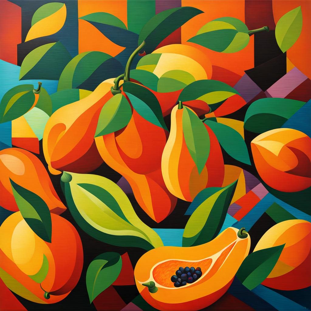 Colourful Cubist Papaya Painting in Expressionist Style