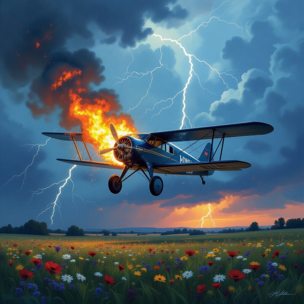 Biplane Engulfed in Flames After Lightning Strike