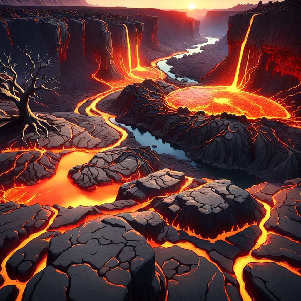 Lava River Flows Through Arid Canyon in 3D