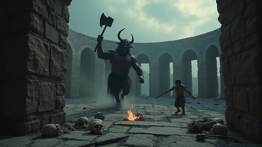 Theseus Battles Colossal Minotaur in Ancient Labyrinth