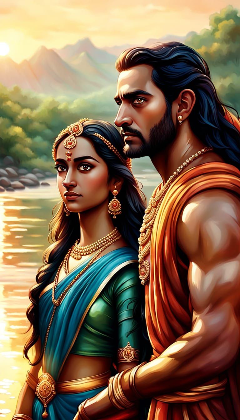 Ram and Sita by the River in Oil Painting Style