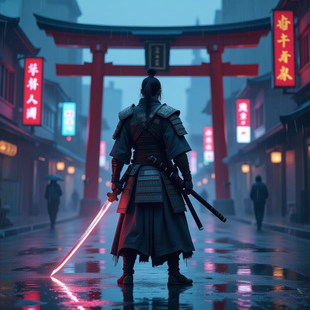 Cyberpunk Samurai at City Edge