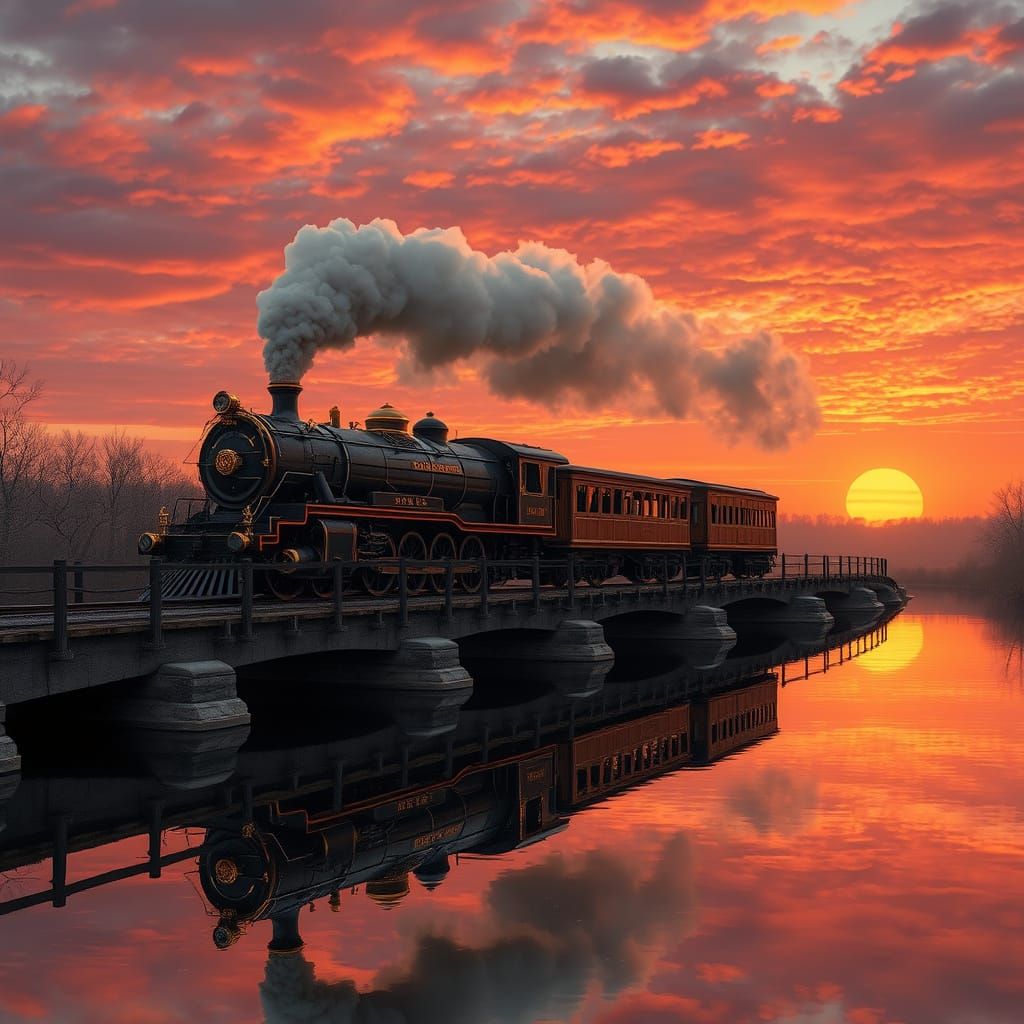 Elegant Steam Train Crosses Majestic Bridge over Serene Rive...