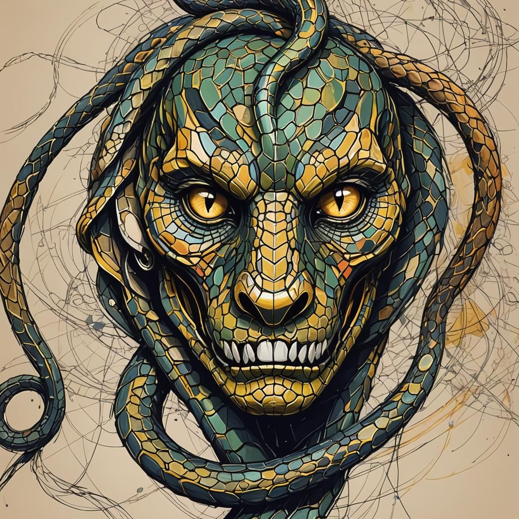 Abstract Snake Head Sketch with Fine Details