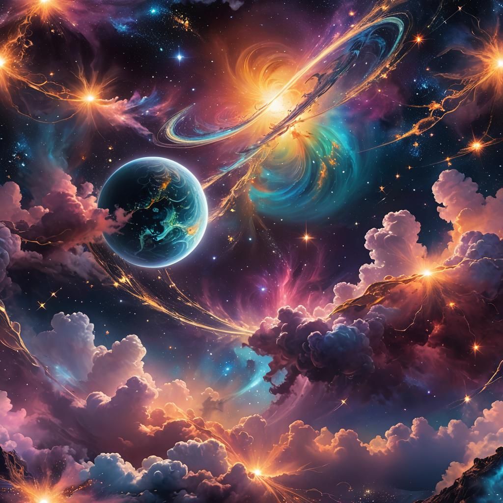 Iridescent Planet in Starry Night Sky