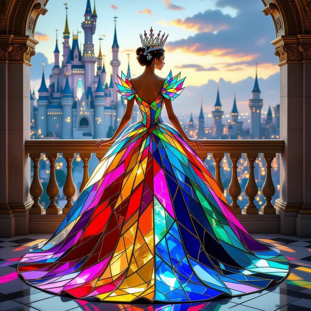 Queen in Stained Glass Gown Overlooking Fantasy City