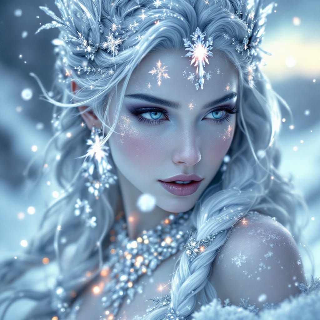 Regal Snow Queen with Braided Silver Hair in Majestic Winter...