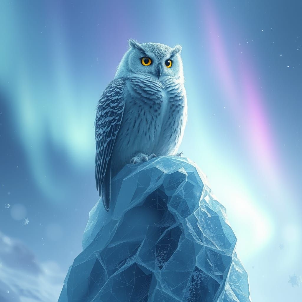 Ethereal Ice Owl Soars Amidst Celestial Aurora