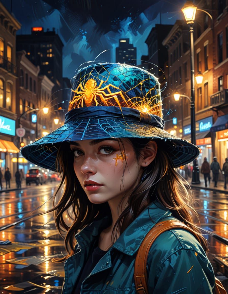 Glowing Spider Silk Hat in Night City