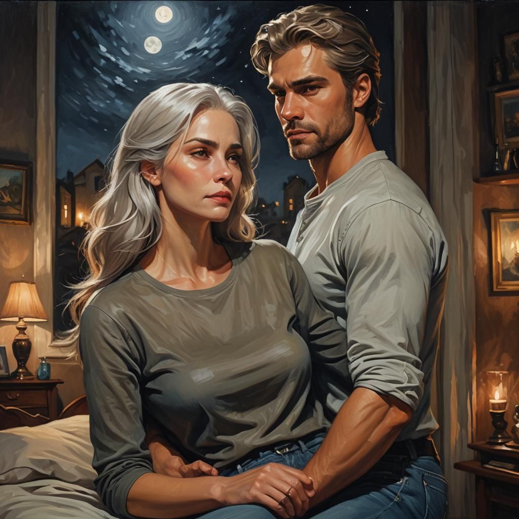 Romantic Midnight Embrace in Oil Painting Style