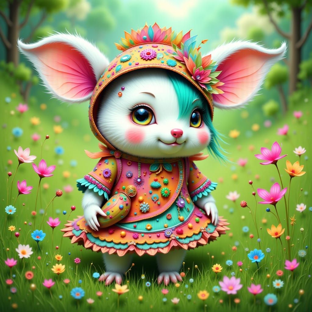 Whimsical Creature in Meadow, Bold and Delicate Art