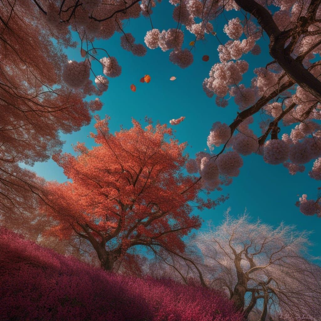 Surreal Tree with Autumn and Spring in Anime Style
