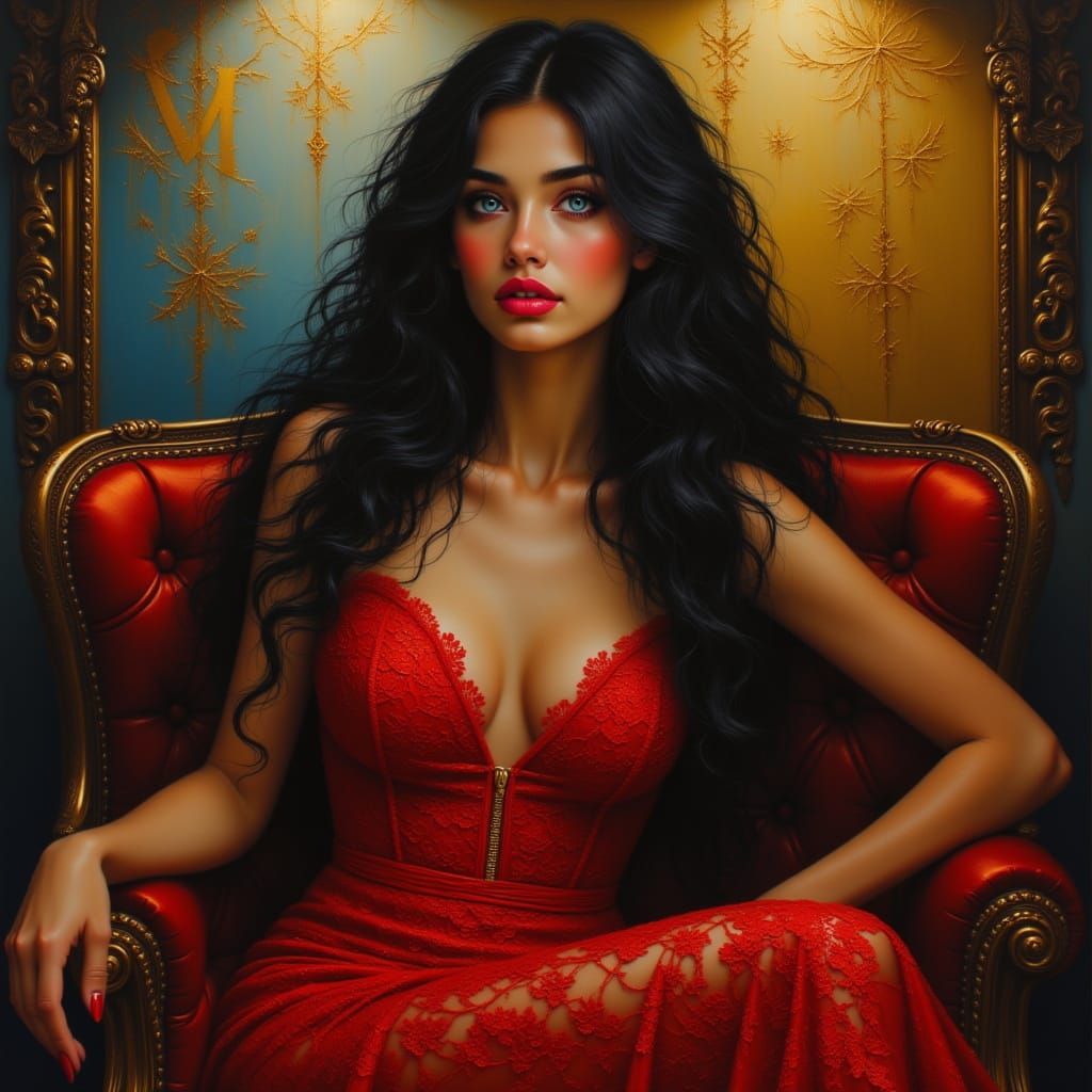 Neo-Baroque Woman in Red Lace Dress