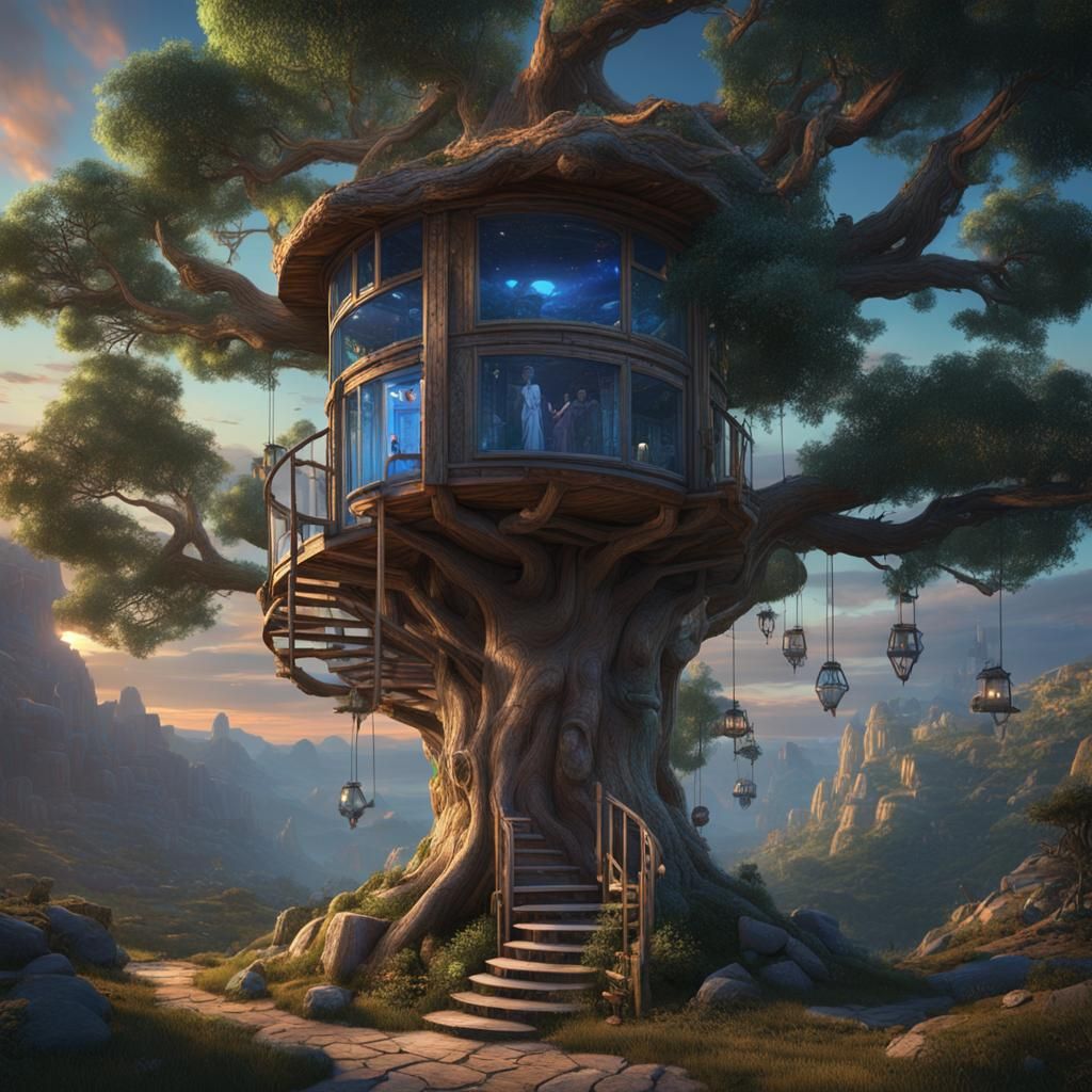 Glass Treehouse Family Home at Sunset: Fantasy Concept Art