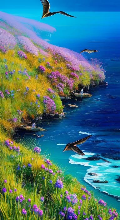 Wryneck Bird in Sea Lavender: Hyperdetailed Oil Illustration