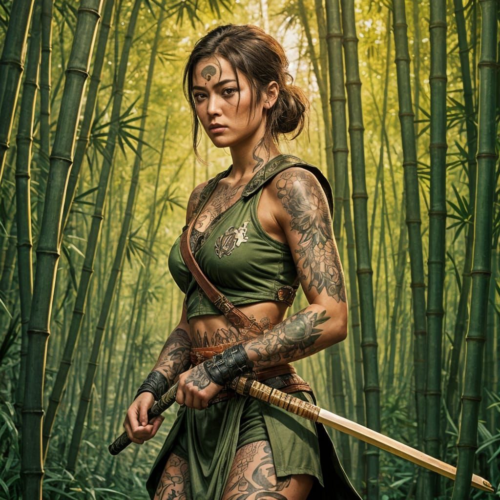 Tattooed Warrior in Bamboo Forest with Katana