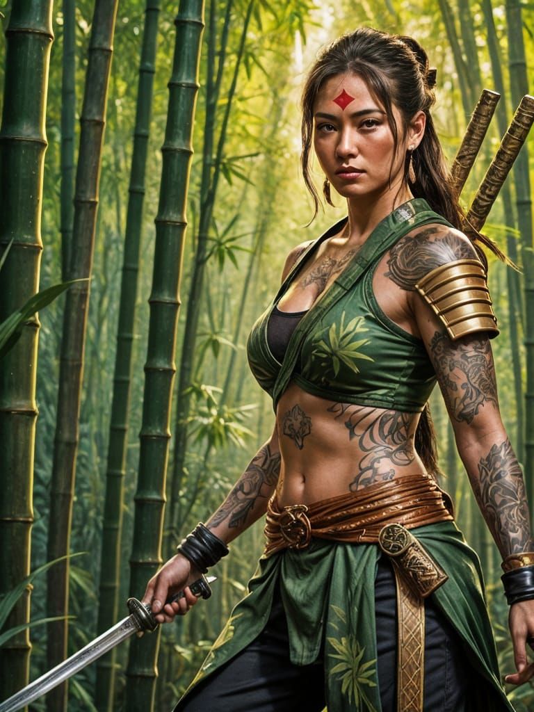 Defiant Tattooed Warrior in Bamboo Forest