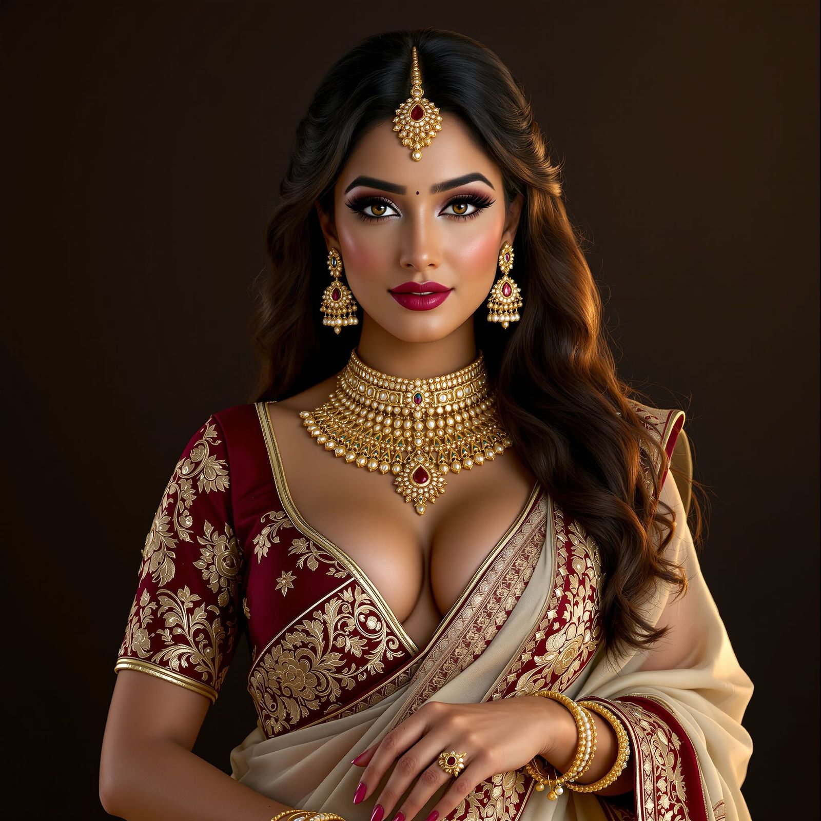 Regal South Asian Woman in Designer Saree with Royal Jewelry
