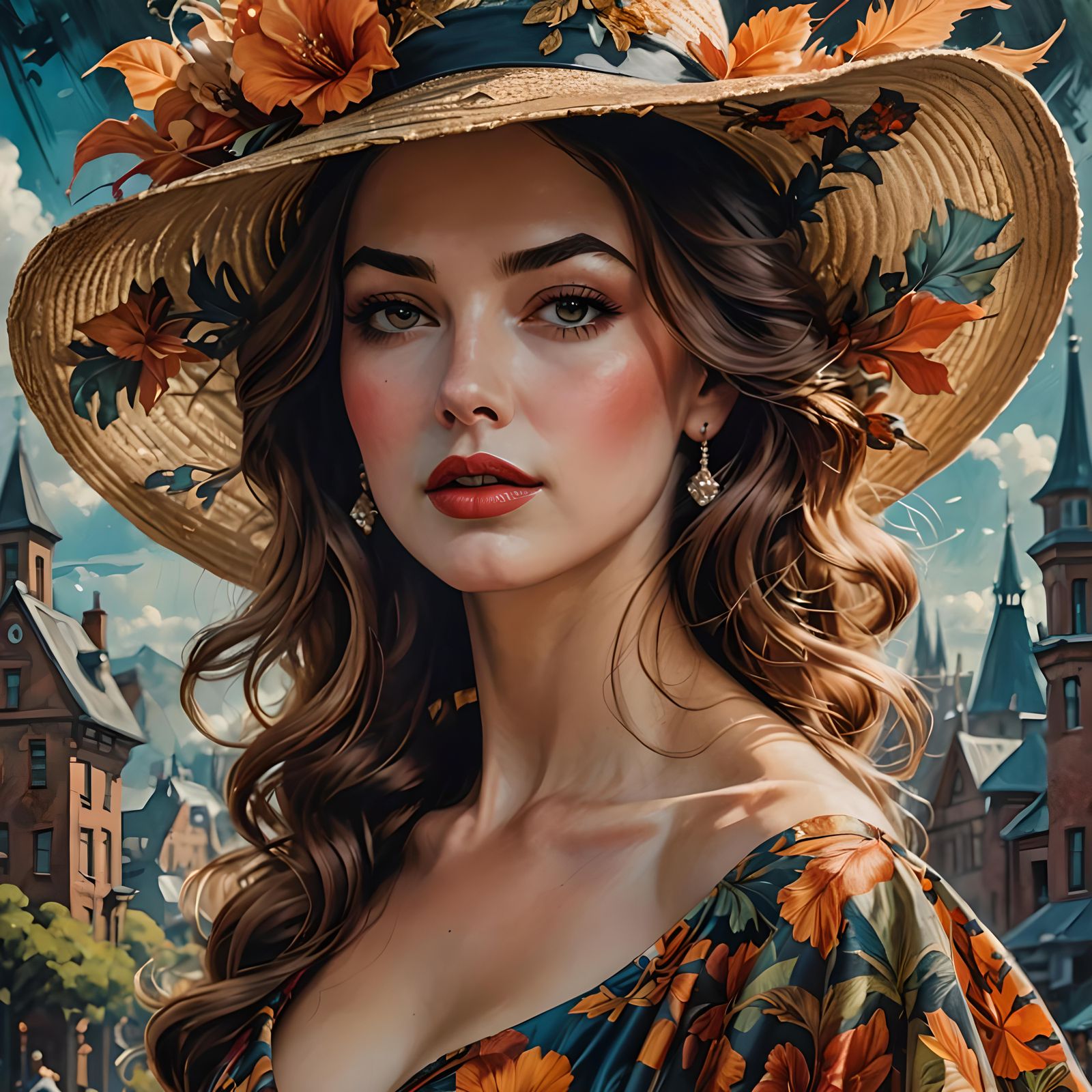 Elegant Woman in Hat, Illustrated Portrait