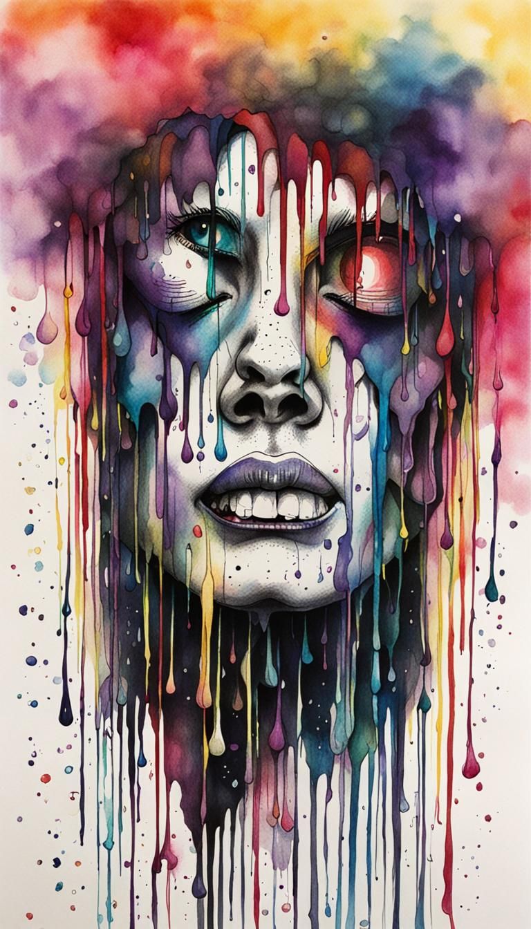 Ink Drawing of Crying Face with Dripping Colors
