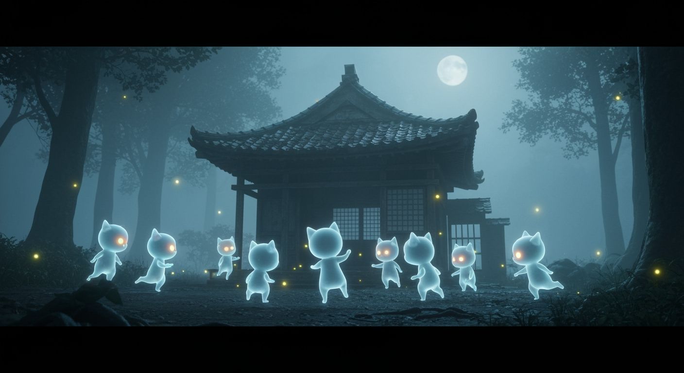 Cute Chibi Yokai Dance at Moonlit Tea House