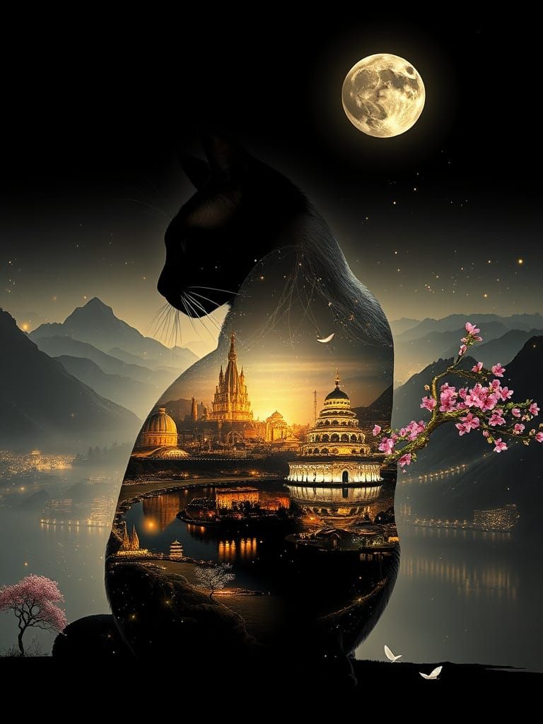 Elegant Siamese Cat Silhouette with Futuristic Cityscape