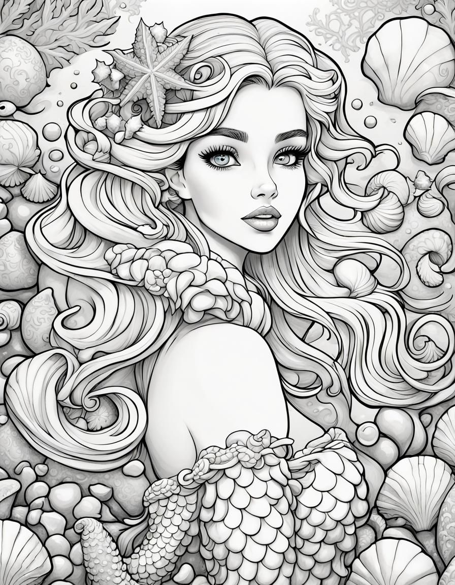 Christmas Mermaid Coloring Page in Cartoon Style