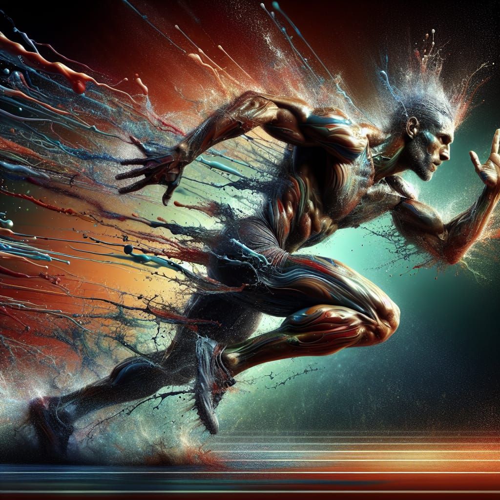 Athlete Sprinting to Victory in Hyperrealistic Splash Art