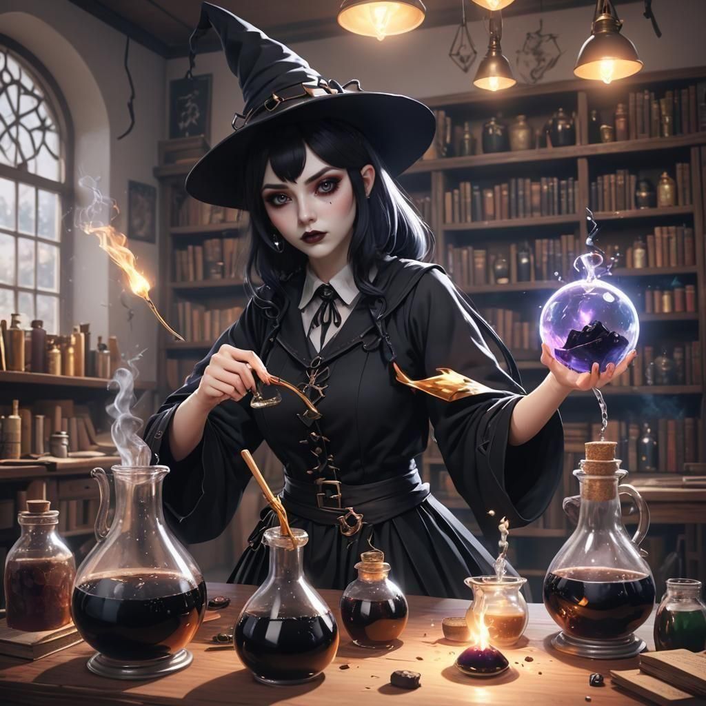 goth teacher Witch brewing potion in a classroom