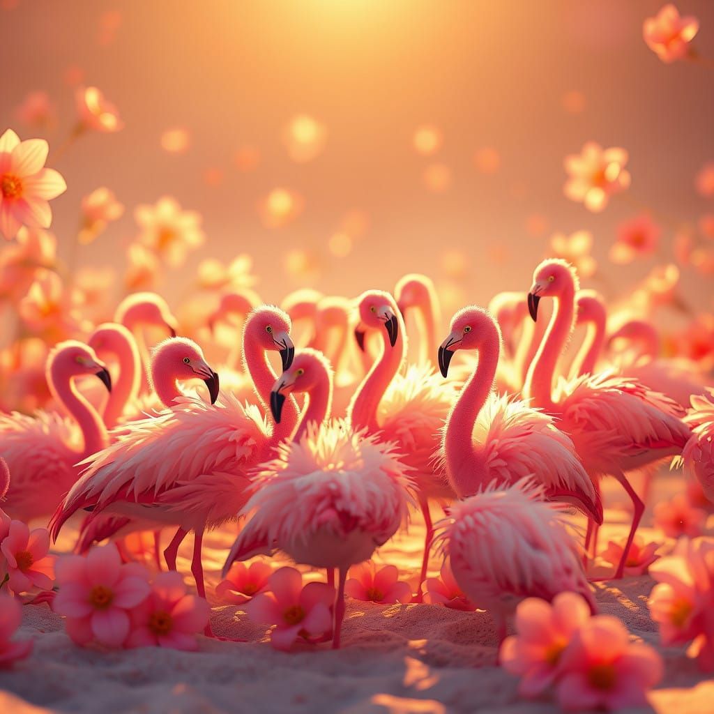 Whimsical Flamingos on a Glowing Beach, in Fantasy Art Style