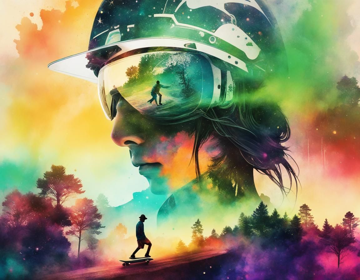 Double Exposure: Skateboarder in Space Landscape