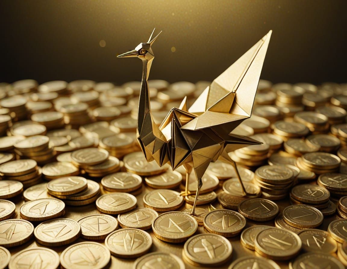 Origami Dollar Crane on Gold Coins, Hyper-Realistic Digital ...