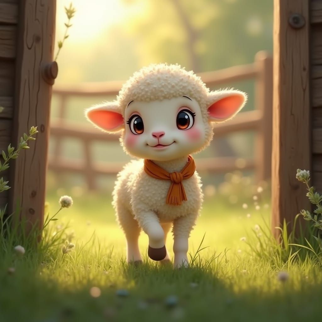 Lamb's First Step: A Whimsical Storybook Illustration
