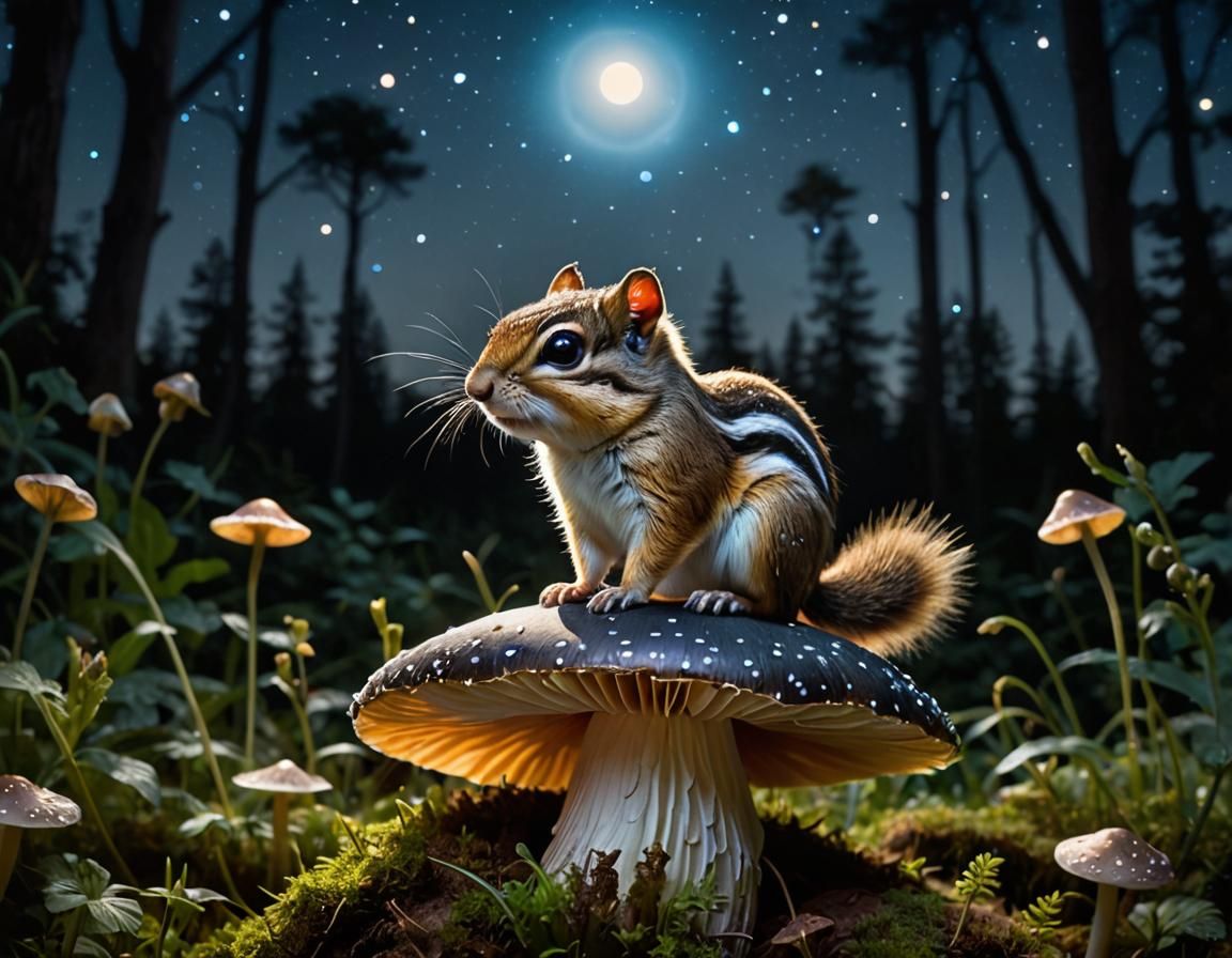 Cute chipmunk perched on a toadstool under the moonlight