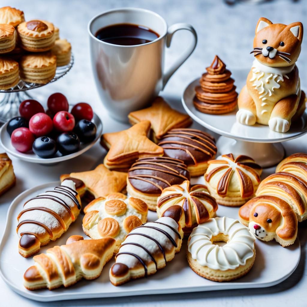 Cat Biscuit Surrounded by Pastries in Natural Light