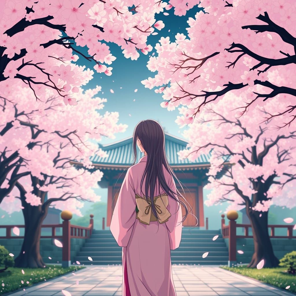 Girl in Pink Kimono Adorns Cherry Blossom Shrine