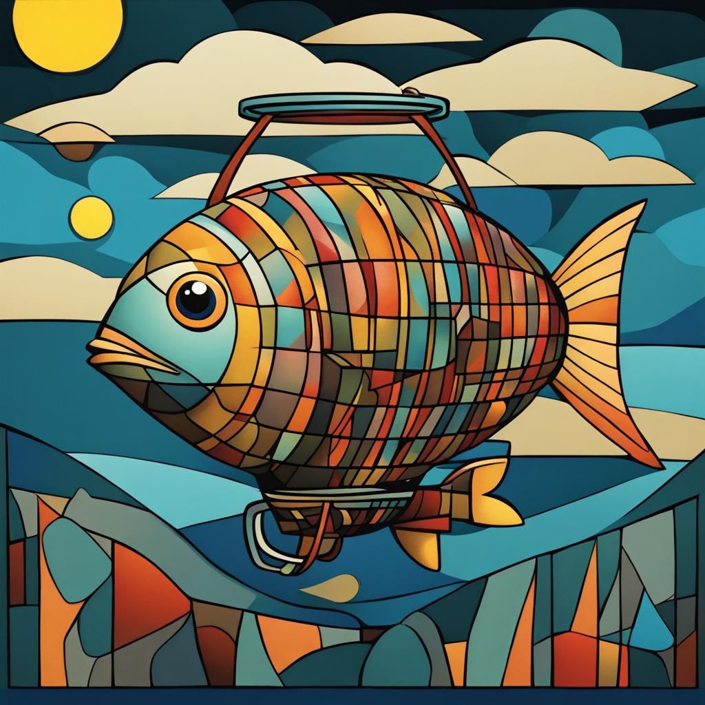 Cubist Cartoon Fish Dirigible in Moonlit Sky
