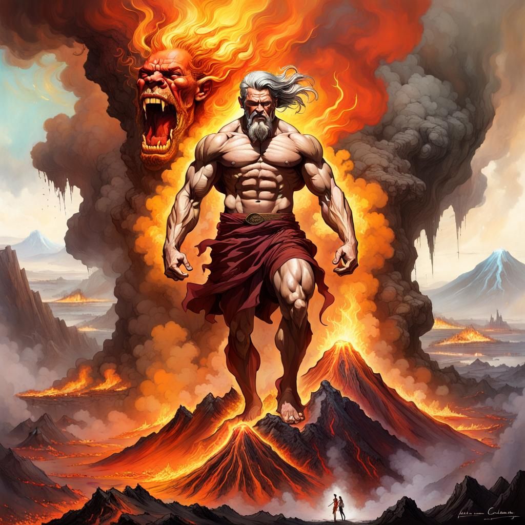 The God Hephaestus emerging from the burning volcano crater