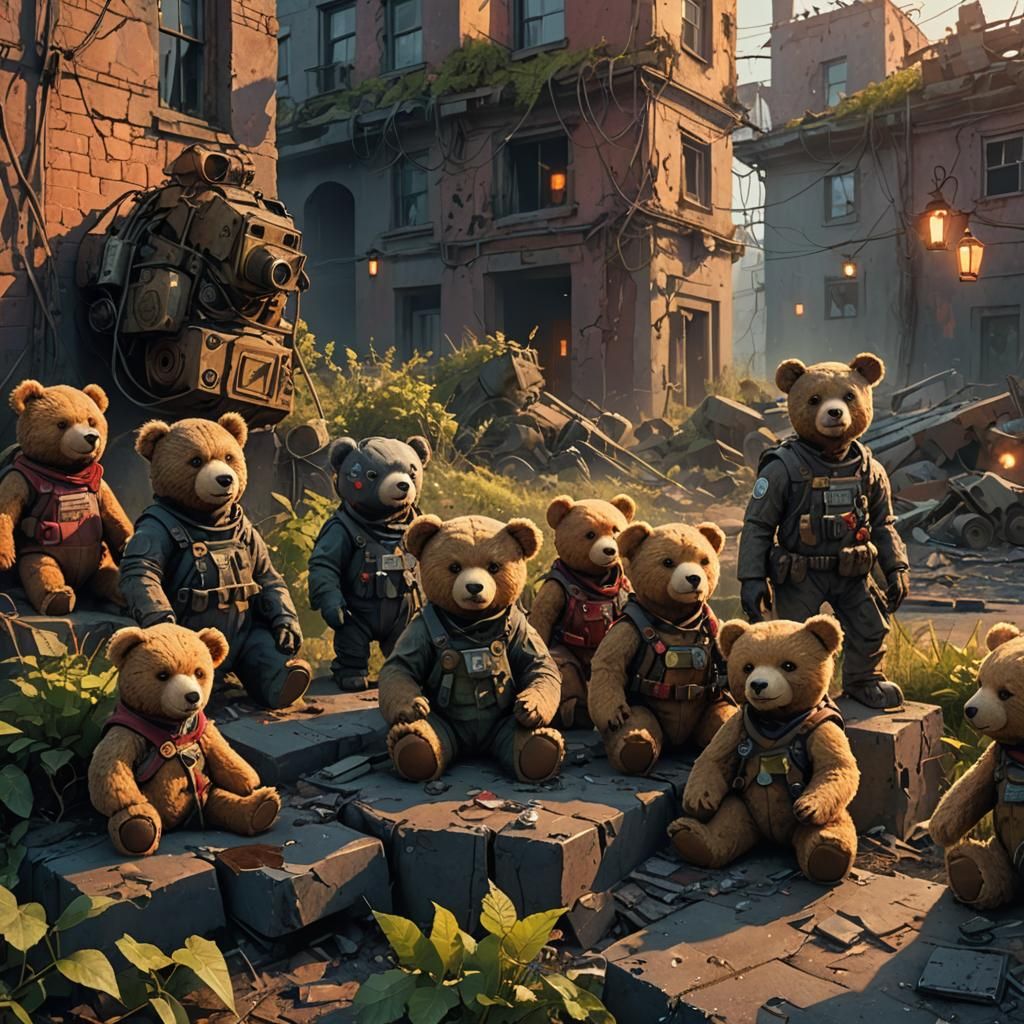 Teddy Bears in Ruined City, Fantasy Art